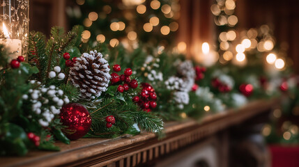 Close-up of festive garland on mantelpiece, pine cones dusted with snow, vibrant red berries and baubles sparkling under warm light