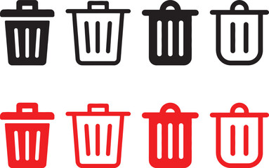 trash can, bin, garbage, waste, recycle, container, rubbish, delete, remove, disposal, icon, symbol, set, collection, black, red, white background, vector, illustration, graphic, design, clean, empty,