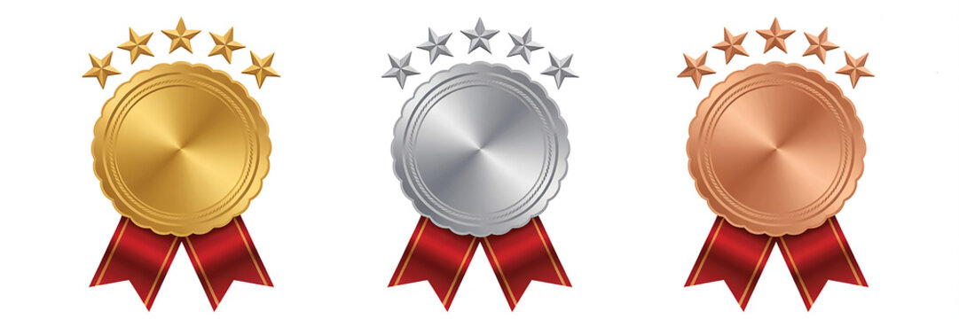 Celebrate achievement with gold, silver, and bronze awards featuring five stars and elegant ribbons, ideal for recognizing top performers and honoring excellence in any field or competition