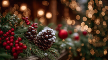 Close-up of festive garland on mantelpiece, pine cones dusted with snow, vibrant red berries and baubles sparkling under warm light
