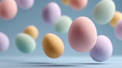 Scattered floating pastel Easter eggs on plain background