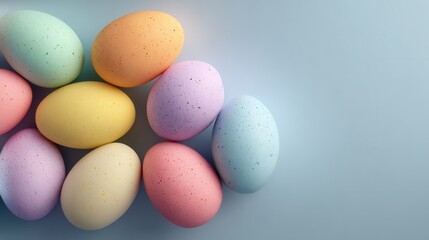 Scattered floating pastel Easter eggs on plain background