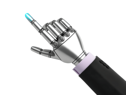 A robot hand pointing upwards isolated on transparent background