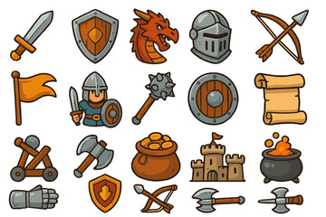 Medieval fantasy icon collection. Cartoon RPG game assets. Knight, dragon, sword, shield, castle, treasure icons. Adventure battle elements for games. Vector clip art set.