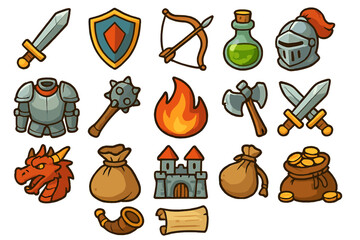 Medieval fantasy RPG icon set. Cartoon vector collection of game assets for adventure and battles. Includes sword, shield, dragon, castle, treasure, potion, and armor.