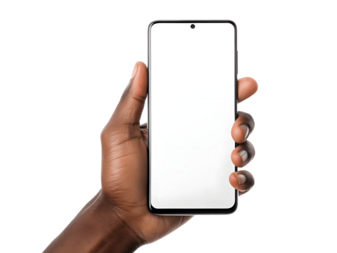 Hand holding smartphone with blank screen isolated on white isolated on transparent background