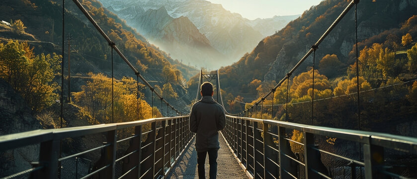 Person on a suspension bridge, autumn mountains - Powered by Adobe