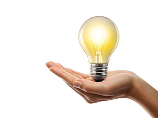 Hand holding glowing light bulb isolated on transparent background