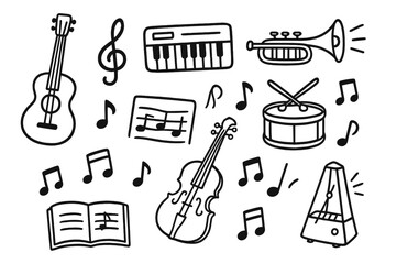 Hand-drawn musical instruments doodle set. Vector cartoon icons for music practice and education. Includes guitar, piano, violin, drum, trumpet, notes, and metronome sketch.