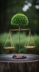 Balance of Nature and Justice Scale with Green Tree Symbolizing Environmental Responsibility and Sustainability on a Rustic Wooden Surface Conceptual Image