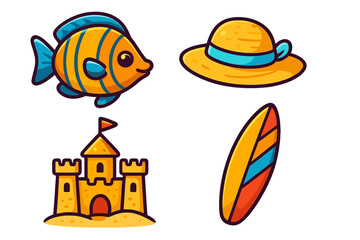Summer beach icon set vector. Cartoon collection with fish, sun hat, sandcastle, surfboard. Holiday vacation travel symbols. Sea life and surfing graphic elements isolated.