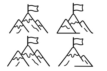 Mountain with flag on top line icon set. Success, goal achievement, victory, and mission accomplished concept. Reaching the peak of the mountain for business leadership.