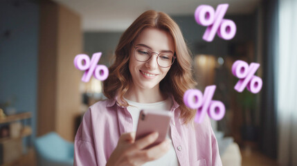 Smiling young woman with curly hair and glasses using pink smartphone to check discount offers, surrounded by purple percentage symbols, symbolizing online shopping, saving money, financial deals