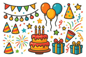 Set of colorful party and birthday celebration elements. Vector cartoon illustration collection with cake, balloons, gift boxes, confetti, and party hats for festive design.