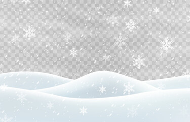 Vector heavy snowfall with snowbanks field. Snow landscape decoration, frozen hills isolated on png background. Snow flakes, snow and blizzard falling on snowdrifts. Christmas vector illustration
