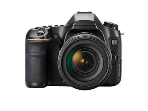 Black dslr camera isolated on transparent background is ready to shoot