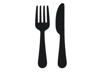 Black silhouette vector of fork and knife tableware icon, restaurant kitchen utensil set, cutlery, dining tools, food service equipment, minimalist illustration, isolated on white background