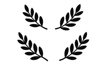 Laurel wreath and olive branch vector icon set. Black silhouette of leaves for a decorative frame, border, or logo. A symbol of peace, victory, achievement, and award.
