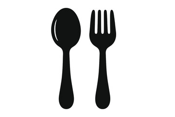 Black silhouette spoon and fork icon, vector tableware symbol, isolated cutlery illustration for restaurant menu, kitchen utensil, dining, food service, cooking concept, transparent background