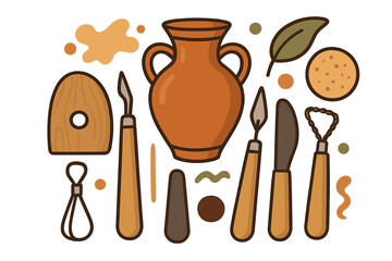 Pottery tools set for ceramic crafting. Handmade clay sculpting equipment collection. Art and craft hobby concept. Vector cartoon illustration of a creative workshop.