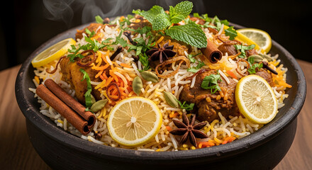 Aromatic chicken biryani dish steaming in a rustic bowl, garnished with lemon slices and fresh herbs.