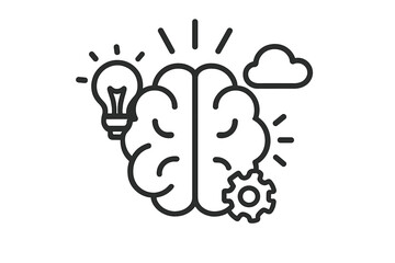 Creative idea and logical thinking process concept. Brain with light bulb for innovation and cogwheel for analytical problem-solving. Metaphor for brainstorming and mental strategy.