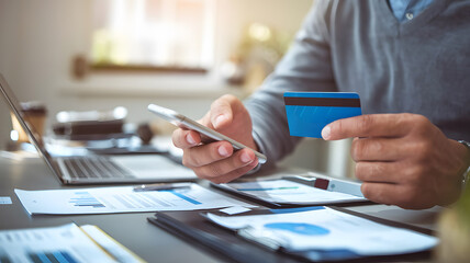 Fototapeta premium Man Making Online Payment with Smartphone and Credit Card on Business Desk. AI Generated