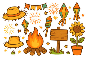 Festa Junina vector illustration set. Brazilian June Festival cute cartoon clipart. Collection with bonfire, straw hat, lantern, fireworks for São João celebration design.