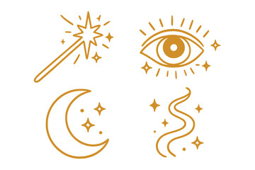 Obraz premium Magic celestial vector icon set. Mystical boho line art collection with golden spiritual symbols like magic wand, evil eye, crescent moon, stars. Esoteric witchcraft elements.