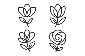 Fototapeta premium Flower icon set line art. Minimalist floral logo collection. Abstract botanical plant symbols. Simple rose and tulip outline vector illustration. Modern elegant nature design.