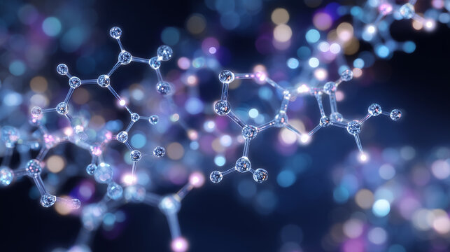 Detailed molecular network, atoms and chemical bonds illuminated with soft neon light, high-tech laboratory setting in subtle blur