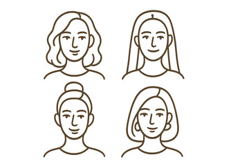 Woman face line art icon set. Collection of female portraits with diverse hairstyles. Vector illustration of minimalist character heads for avatars, user profiles, or beauty logos.