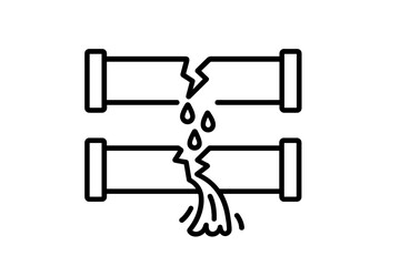 Broken pipe icon set. Water leak and burst pipeline concept. Plumbing problem, damage, and emergency repair. Dripping and gushing water flow from cracked tube. Vector.