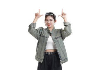 Upward Glance: A woman directs her gaze upward, her hands framing an imaginary scene, her cool sunglasses providing an added layer of sophistication.