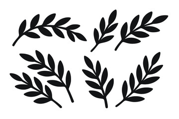 Set of black olive branch silhouettes. Vector collection of laurel leaves and branches. Botanical foliage illustration for logo, wedding, or decorative design. Peace symbol.
