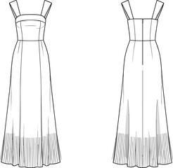 Women’s long sleeveless pleated dress fashion flat sketch vector, fitted bodice, wide straps, waistband, front and back view garment illustration
