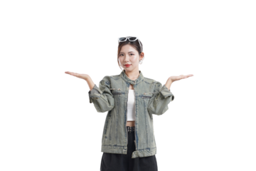 Person making a decision: A woman with a thoughtful look, arms outstretched, contemplating choices in a studio setting.