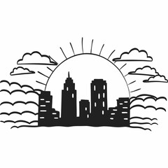 city skyline vector illustration | Hand-Drawn City Skyline with Sun and Clouds