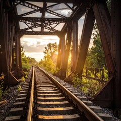 Rustic railway tracks under a sunset-lit metal bridge