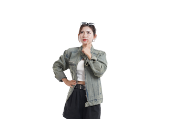 Contemplative Woman in Fashion: A stylish young woman, in a casual ensemble, lost in thought, gazing upward with a contemplative expression.