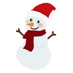 Cute snowman with Santa hat and red scarf, cheerful Christmas holiday illustration