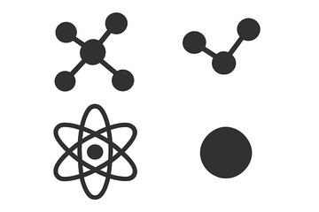 Atom, molecule, chemical compound icon set. Vector flat illustration for science, physics, chemistry. Simple minimalist graphic signs for scientific concept or connection.