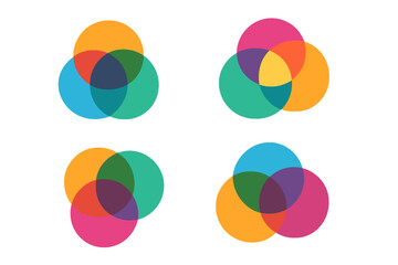 Colorful overlapping circles vector set. Venn diagram illustration for business infographic. Concept of synergy, teamwork, relationship, and connection. Abstract logo icons.