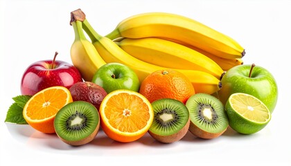 Colorful Fruit Arrangement with Bananas, Apples, Oranges, Kiwi, and Lime Isolated on White
