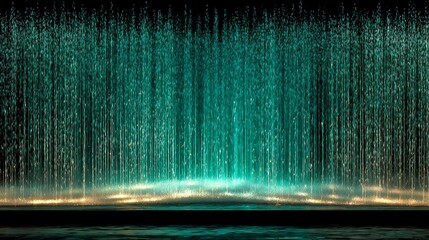 A mesmerizing display of teal water cascading down like a curtain in a dark and enchanting space