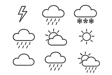 Weather line icon set. Simple outline symbols for meteorology forecast. Sun, cloud, rain, snow, storm, lightning. Thin line vector signs for web, app, ui, ux design.