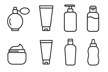 Cosmetic bottles line icon set. Perfume, cream, shampoo, lotion container outline pictograms. Skincare, beauty products packaging vector symbols for web and graphic design.