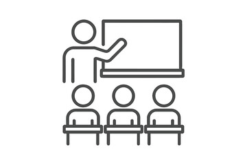 Classroom training line icon. Business presentation, conference, or seminar concept. Teacher with students. Speaker at lecture or workshop. Vector symbol for web, apps.