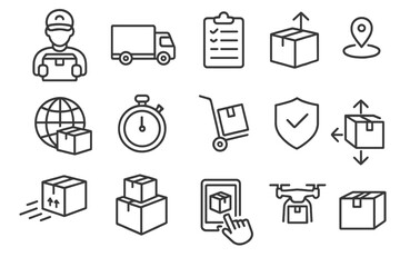 Delivery service thin line icon set. Logistics and shipping signs. Transport, courier, package, cargo, truck, drone, order tracking outline pictograms for web and apps.
