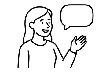 Woman speaking with speech bubble, character talking. Vector line art illustration. Concept for communication, dialogue, presentation, social media post, blog, or storytelling.